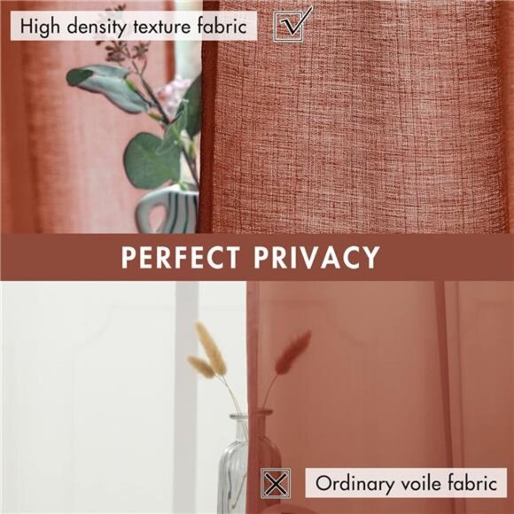 Burnt Orange Linen Textured Semi Sheer Curtains 2 Panels for Living Room Bedroom - Picture 3 of 7
